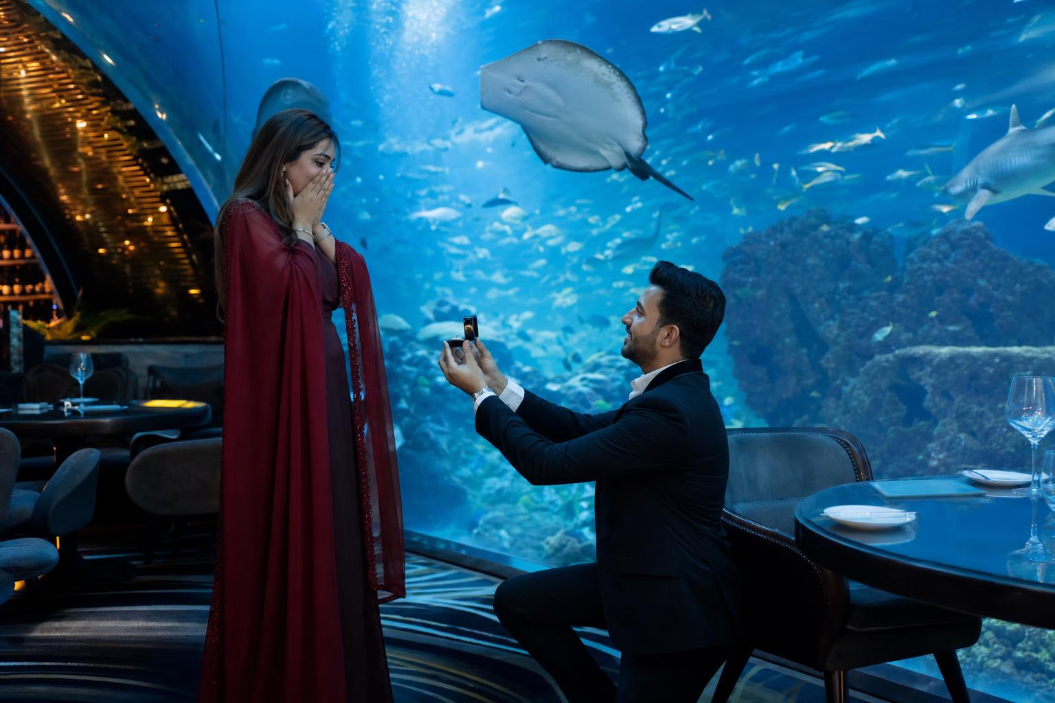 Aquarium Table Romance - Underwater restaurant proposal package in Dubai